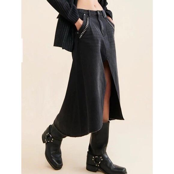 One Teaspoon x Free People Chain Maxi Slit Denim Grunge Whimsigoth Skirt Sz 27 - Picture 4 of 16